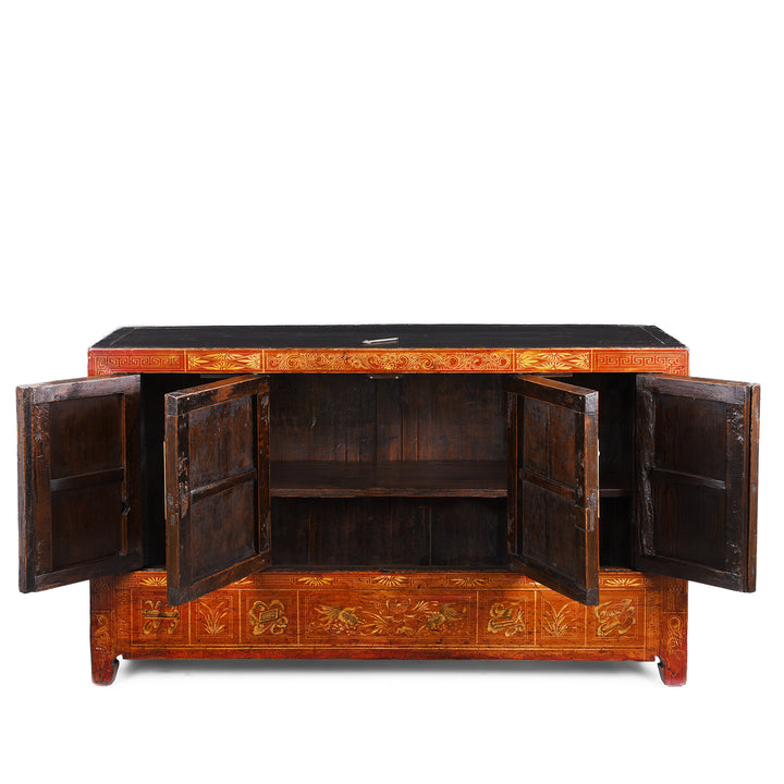 Interior View Of Shelves From Red Lacquer Chinese Dongbei Sideboard With Hand-Painted Floral Panels And Brass Hardware