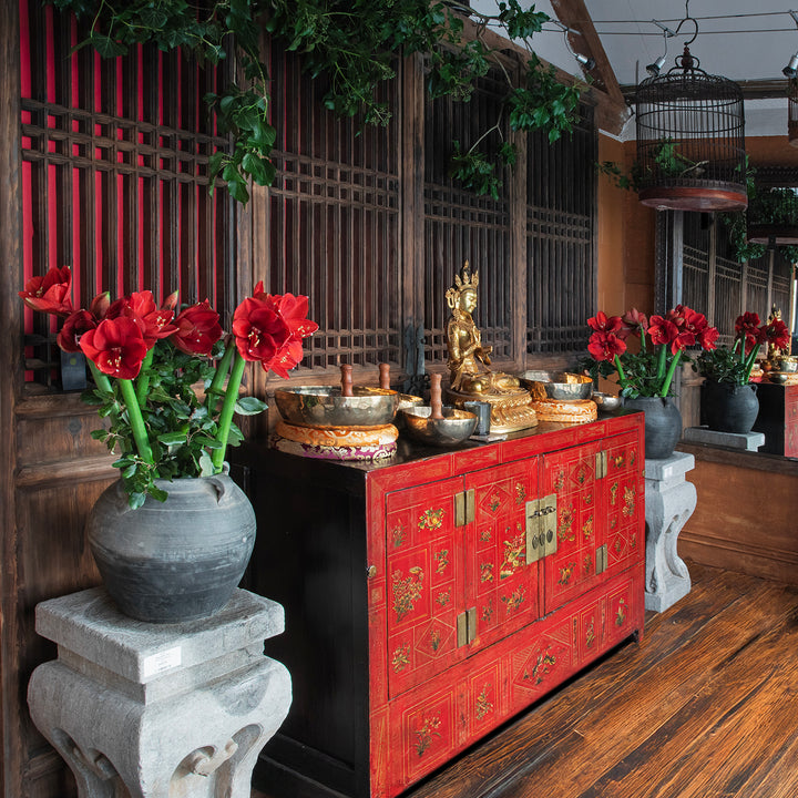 Red Lacquered Dongbei Sideboard With Painted Floral And Bird Decoration From 1920s China