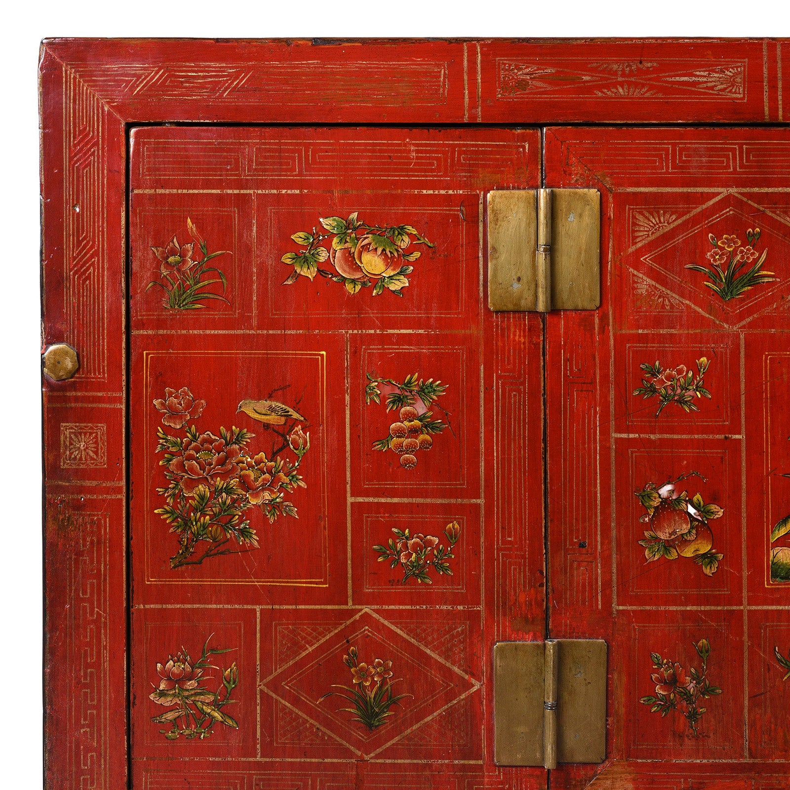 Corner Detail From Red Lacquered Dongbei Sideboard With Painted Floral And Bird Decoration From 1920s China