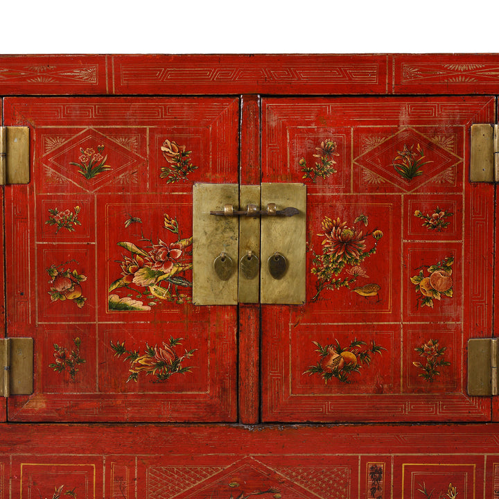 Doors Detail From Red Lacquered Dongbei Sideboard With Painted Floral And Bird Decoration From 1920s China