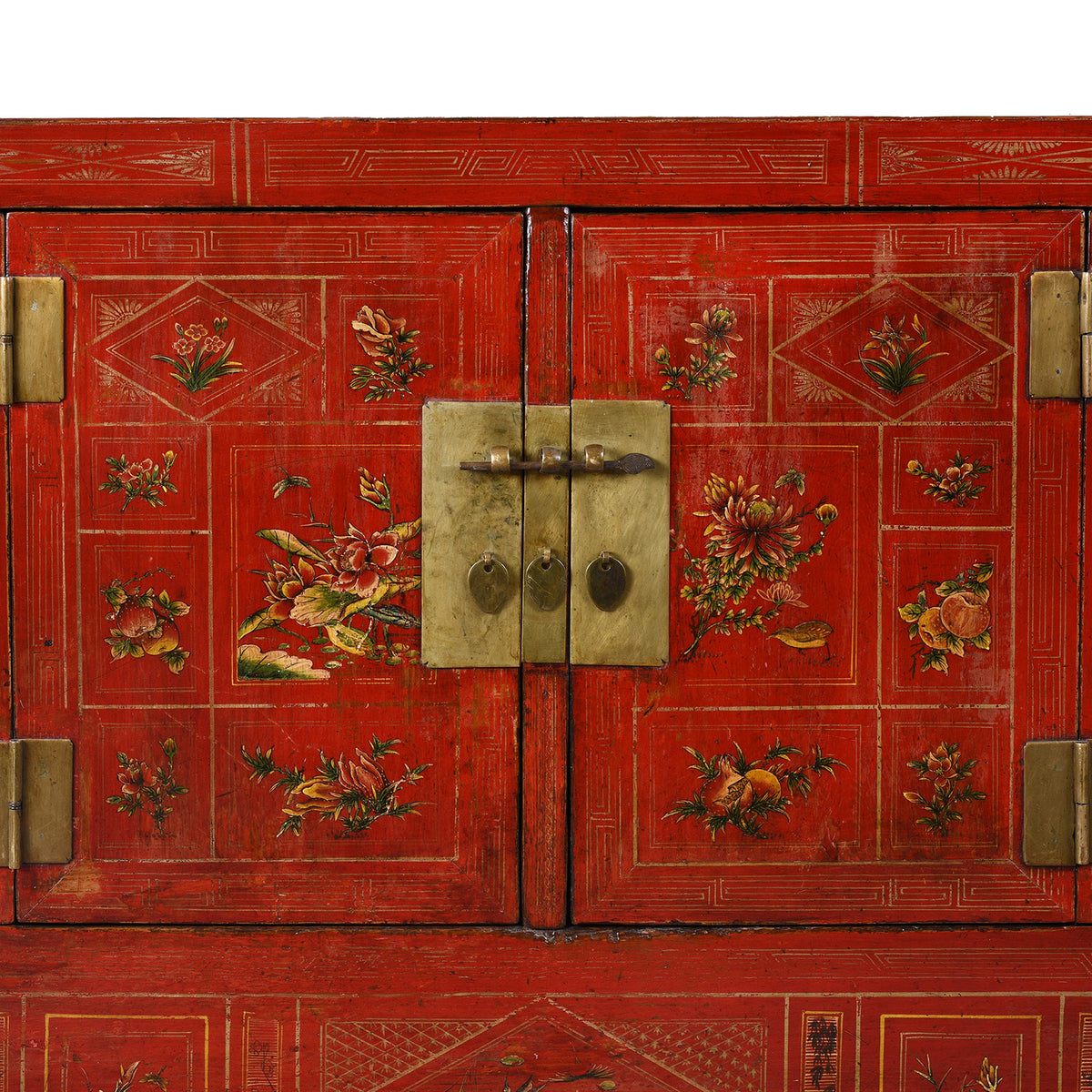 Doors Detail From Red Lacquered Dongbei Sideboard With Painted Floral And Bird Decoration From 1920s China
