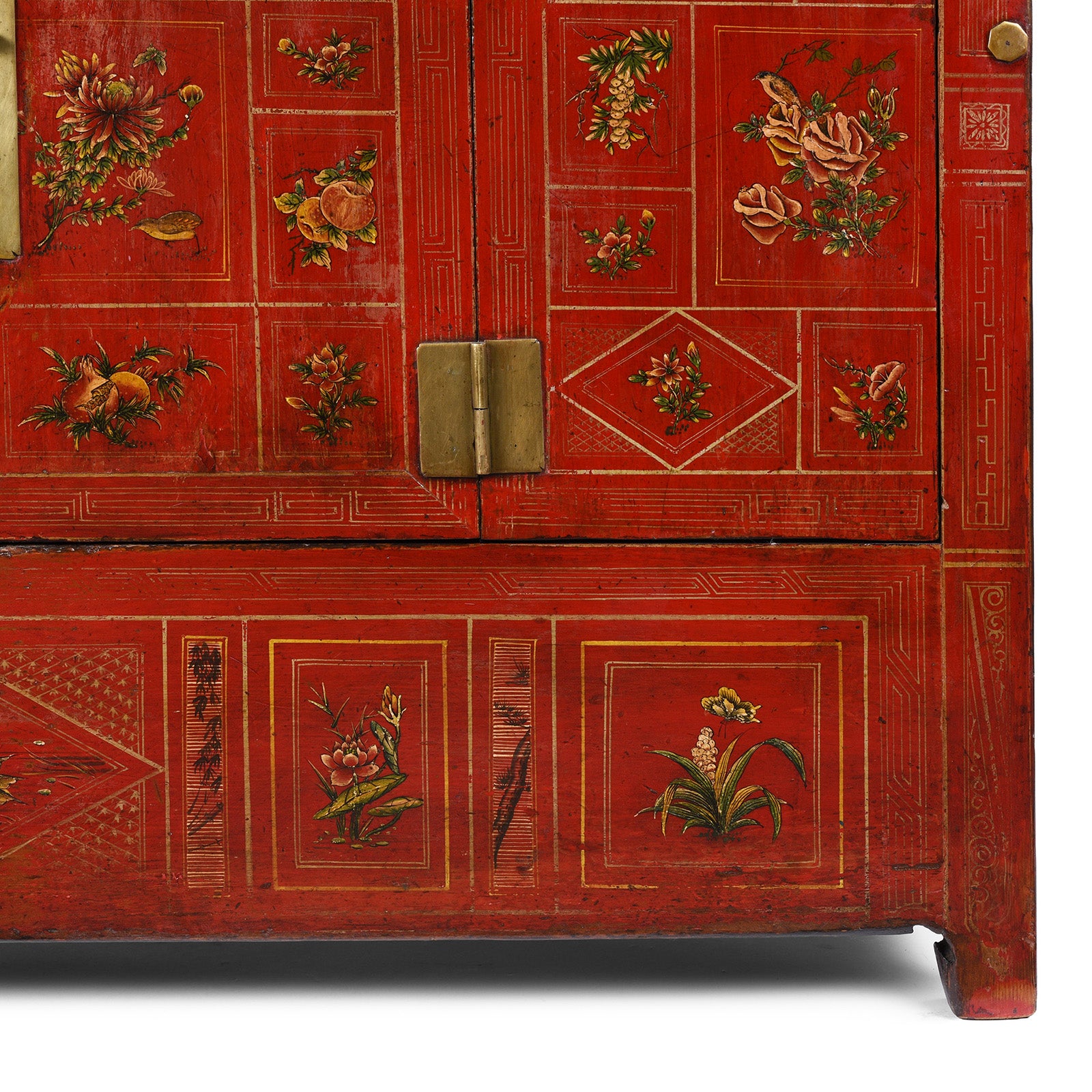 Leg Detail From Red Lacquered Dongbei Sideboard With Painted Floral And Bird Decoration From 1920s China