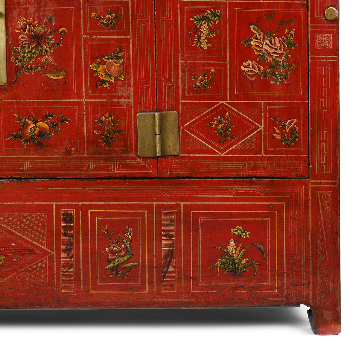 Leg Detail From Red Lacquered Dongbei Sideboard With Painted Floral And Bird Decoration From 1920s China