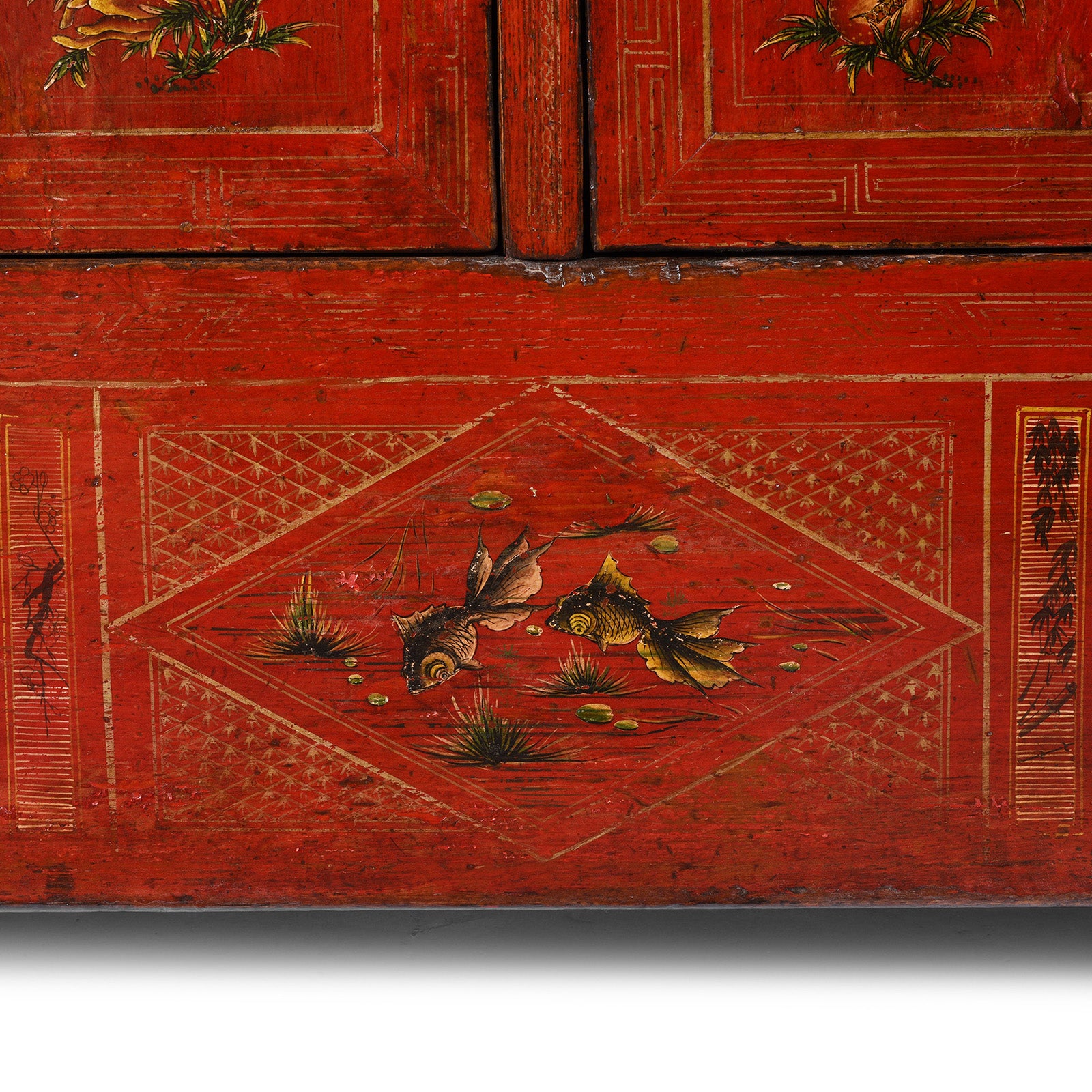Fish Detail From Red Lacquered Dongbei Sideboard With Painted Floral And Bird Decoration From 1920s China