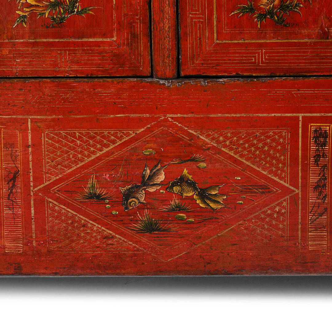 Fish Detail From Red Lacquered Dongbei Sideboard With Painted Floral And Bird Decoration From 1920s China