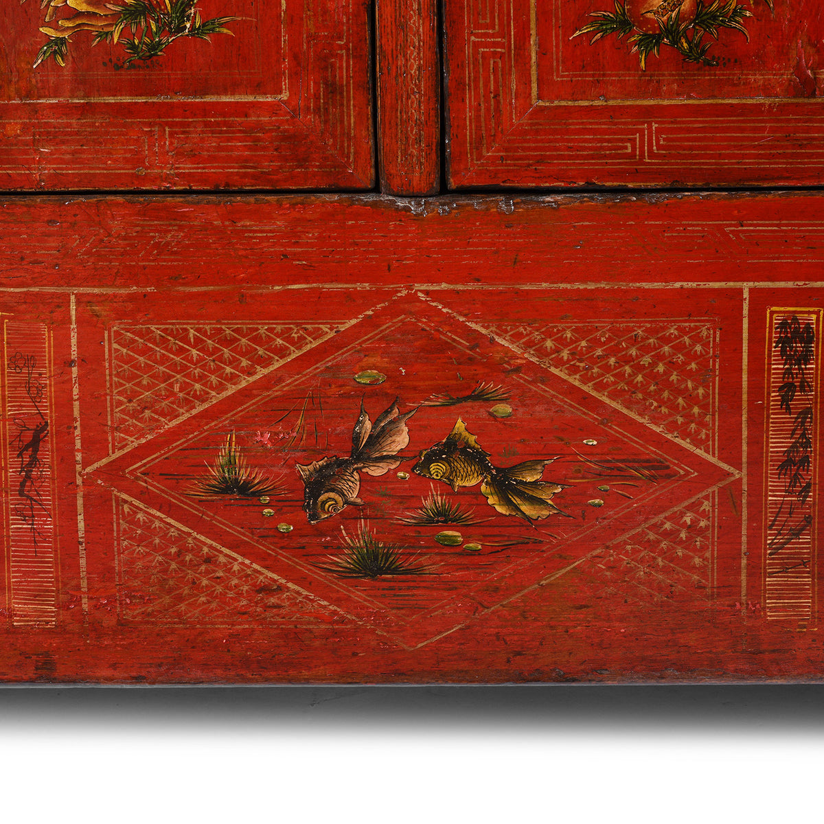 Fish Detail From Red Lacquered Dongbei Sideboard With Painted Floral And Bird Decoration From 1920s China