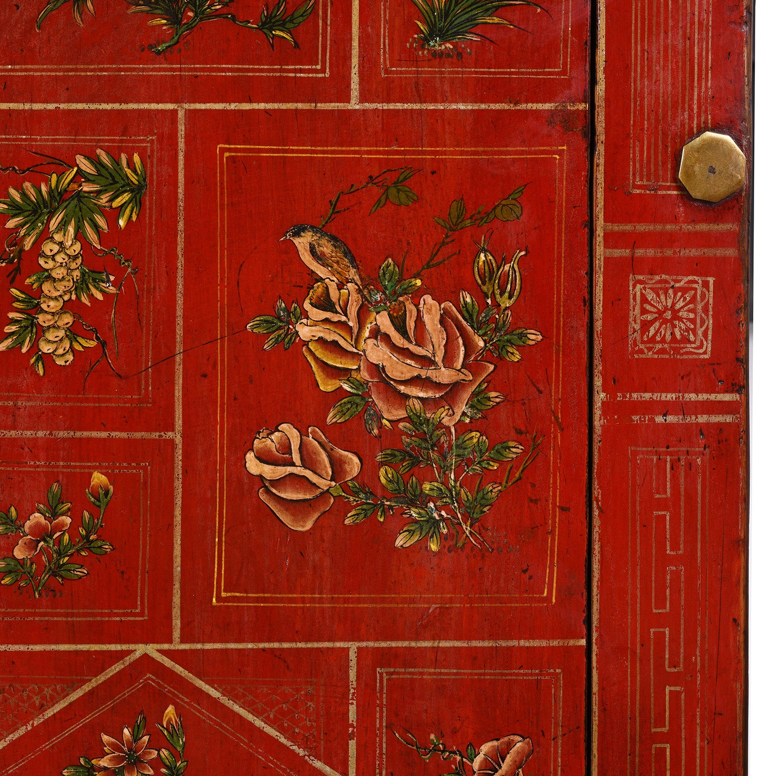 Paintwork Detail From Red Lacquered Dongbei Sideboard With Painted Floral And Bird Decoration From 1920s China