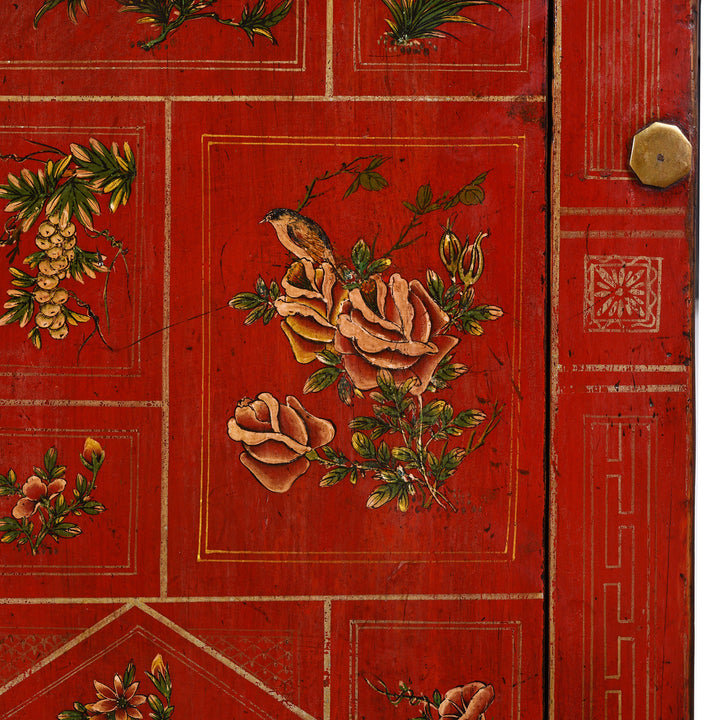 Paintwork Detail From Red Lacquered Dongbei Sideboard With Painted Floral And Bird Decoration From 1920s China