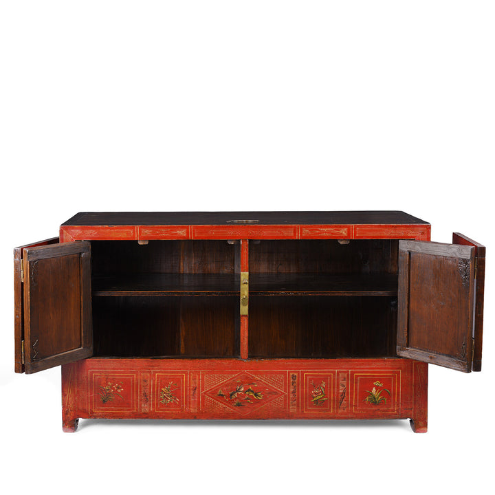 Open View Of Red Lacquered Dongbei Sideboard With Painted Floral And Bird Decoration From 1920s China