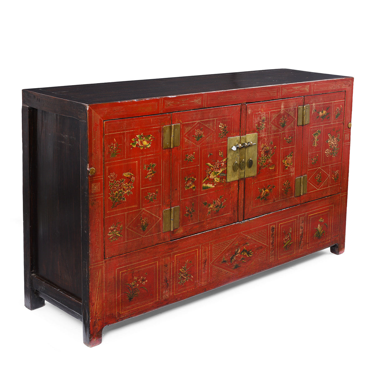 Angled View Of Red Lacquered Dongbei Sideboard With Painted Floral And Bird Decoration From 1920s China