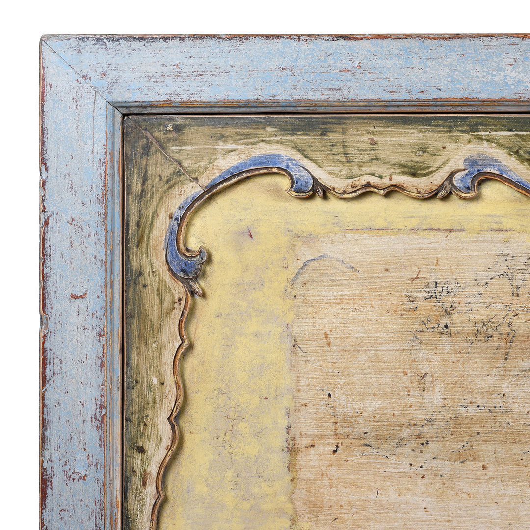 Corner Detail From Early 20th Century Painted Sideboard From Qinghai Province China With Blue Frame And Soft Yellow Landscape Doors And Drawers