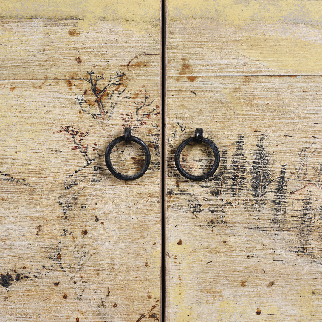 Doors Detail From Early 20th Century Painted Sideboard From Qinghai Province China With Blue Frame And Soft Yellow Landscape Doors And Drawers