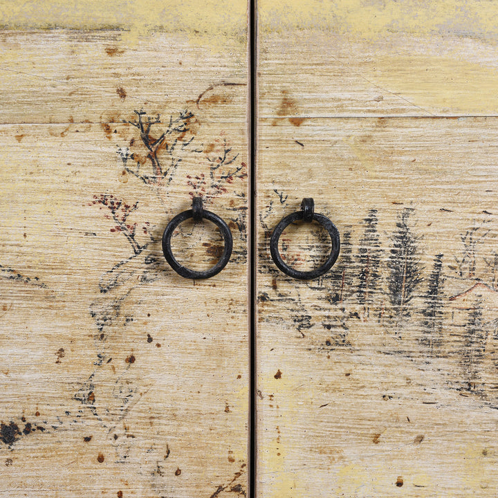 Doors Detail From Early 20th Century Painted Sideboard From Qinghai Province China With Blue Frame And Soft Yellow Landscape Doors And Drawers