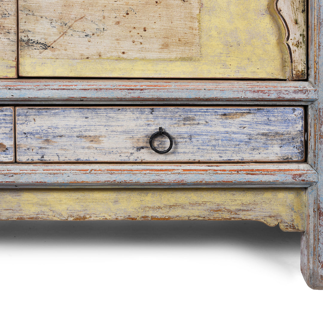 Drawer Detail From Early 20th Century Painted Sideboard From Qinghai Province China With Blue Frame And Soft Yellow Landscape Doors And Drawers