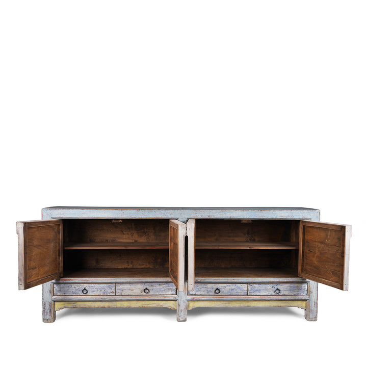 Interior Of Early 20th Century Painted Sideboard From Qinghai Province China With Blue Frame And Soft Yellow Landscape Doors And Drawers