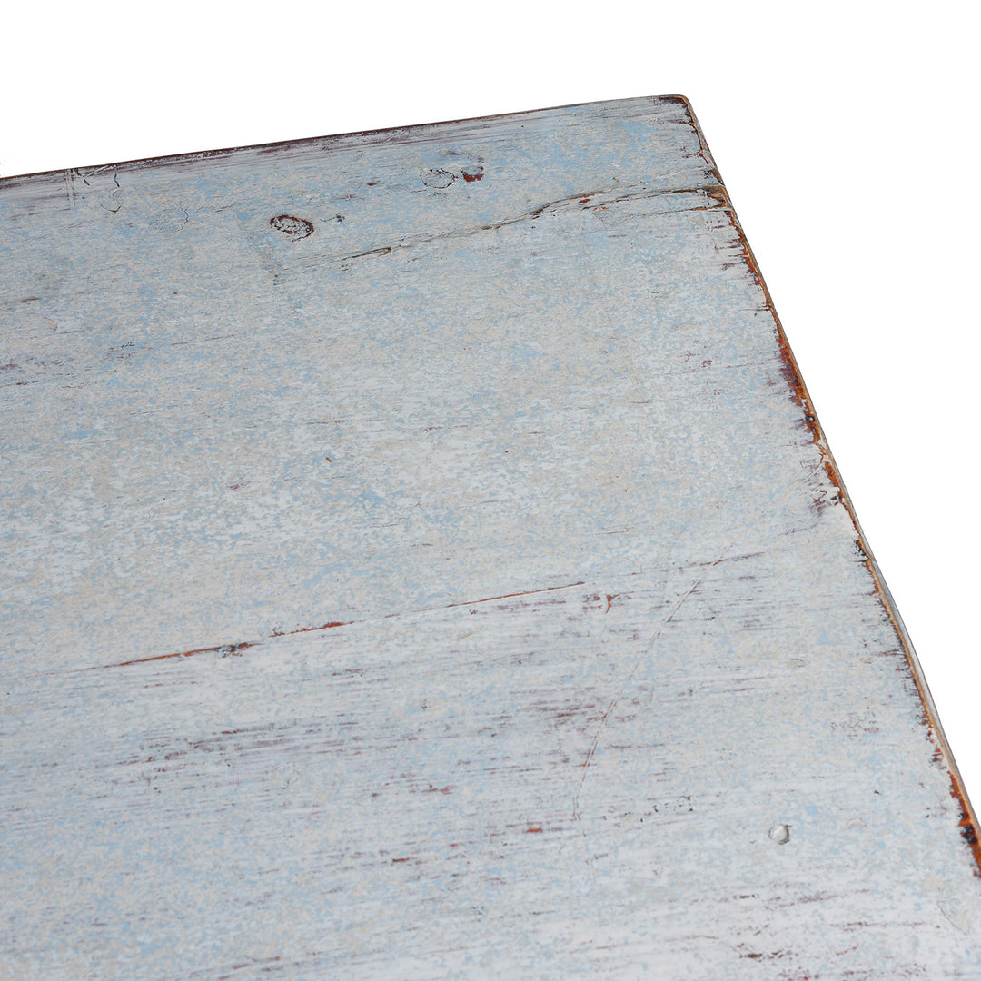 Surface Detail From Early 20th Century Painted Sideboard From Qinghai Province China With Blue Frame And Soft Yellow Landscape Doors And Drawers