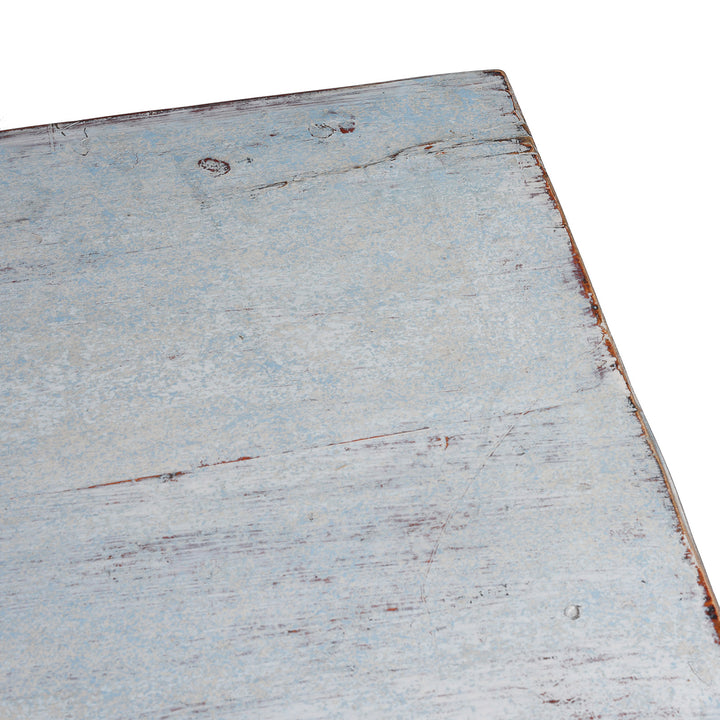 Surface Detail From Early 20th Century Painted Sideboard From Qinghai Province China With Blue Frame And Soft Yellow Landscape Doors And Drawers