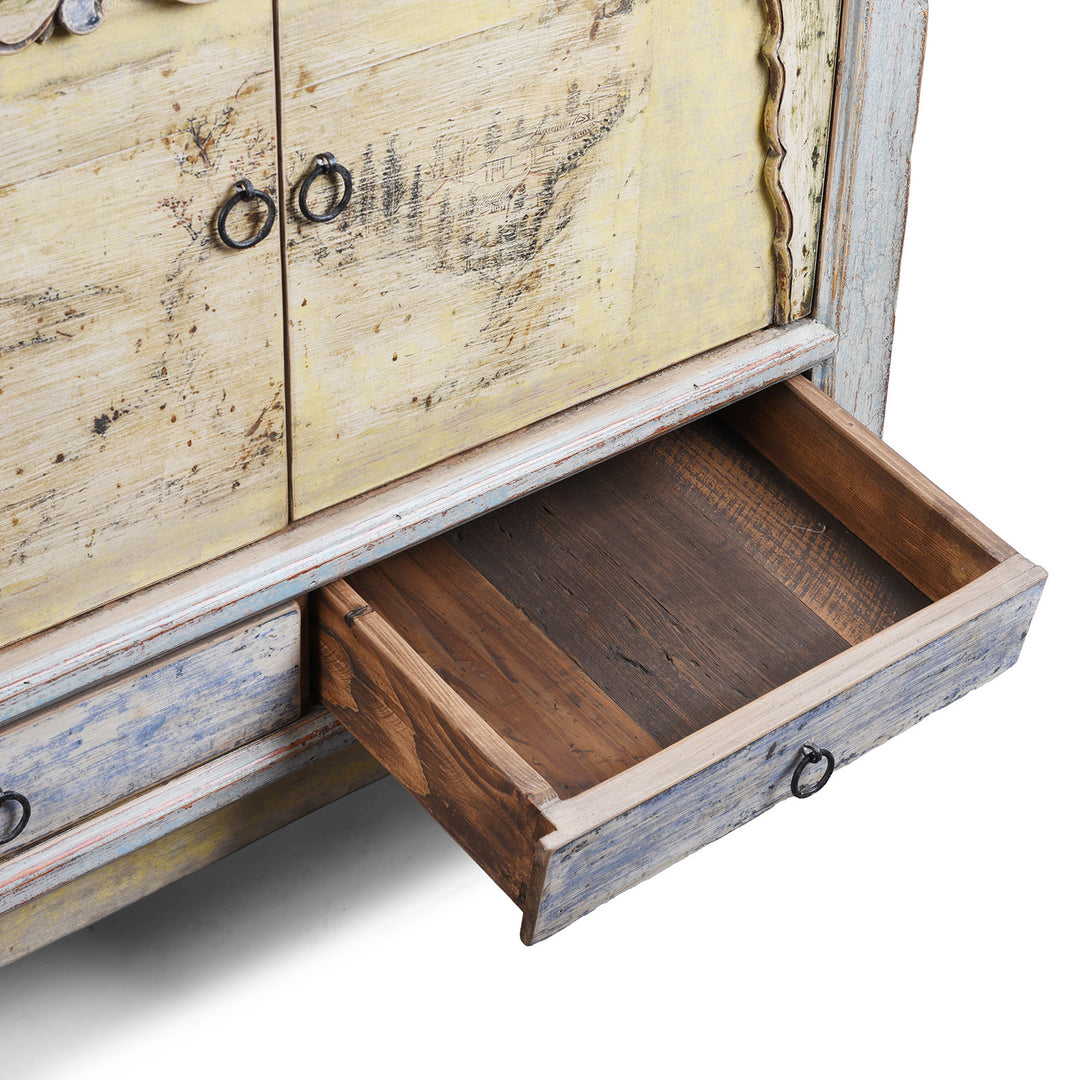 Drawer Detail From Early 20th Century Painted Sideboard From Qinghai Province China With Blue Frame And Soft Yellow Landscape Doors And Drawers