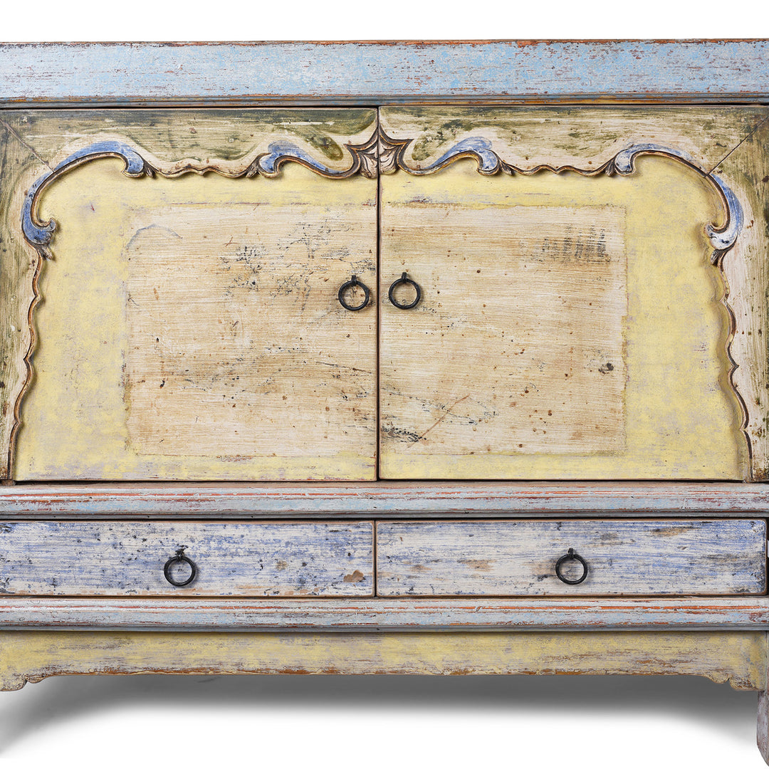 Doors Detail From Early 20th Century Painted Sideboard From Qinghai Province China With Blue Frame And Soft Yellow Landscape Doors And Drawers