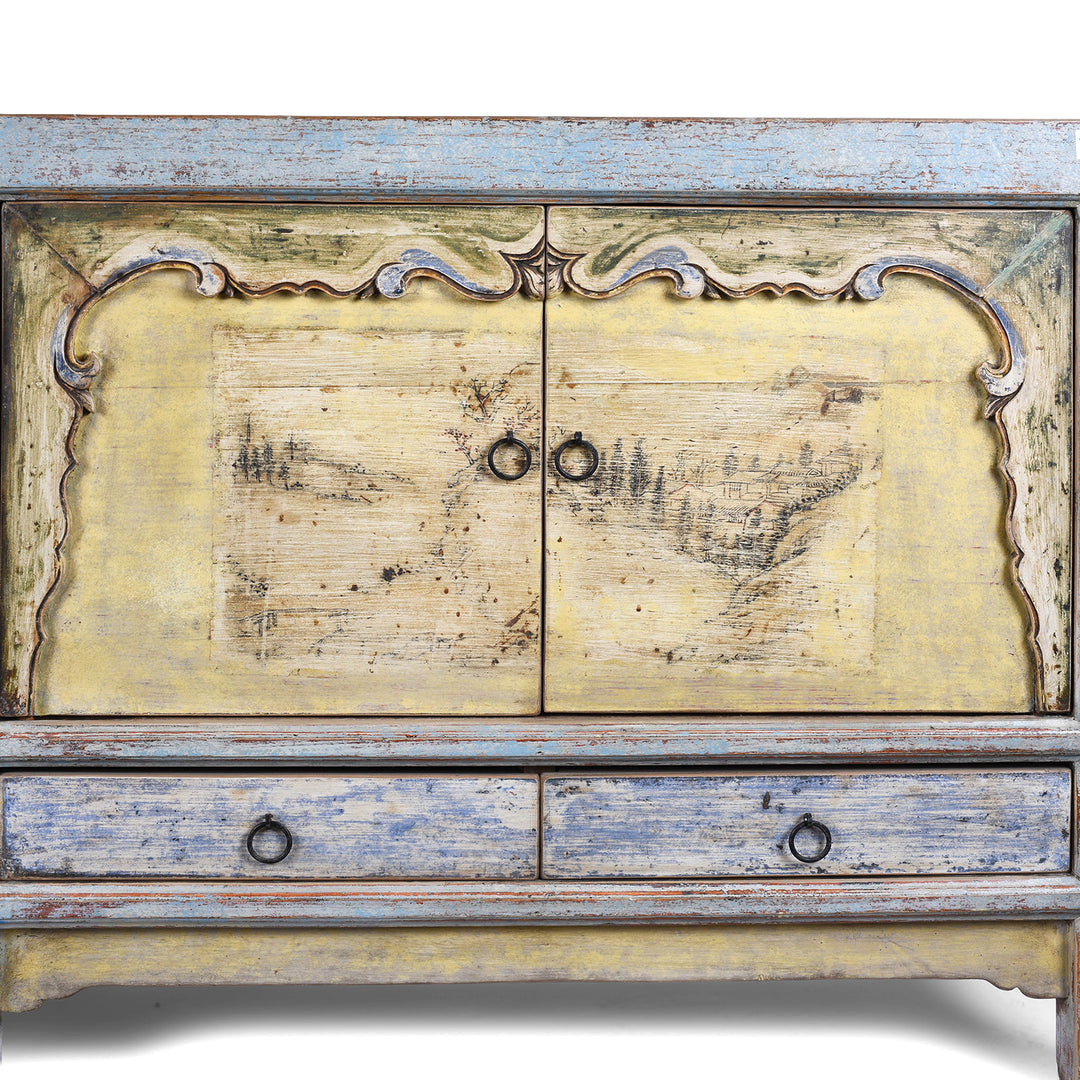 Doors Detail From Early 20th Century Painted Sideboard From Qinghai Province China With Blue Frame And Soft Yellow Landscape Doors And Drawers