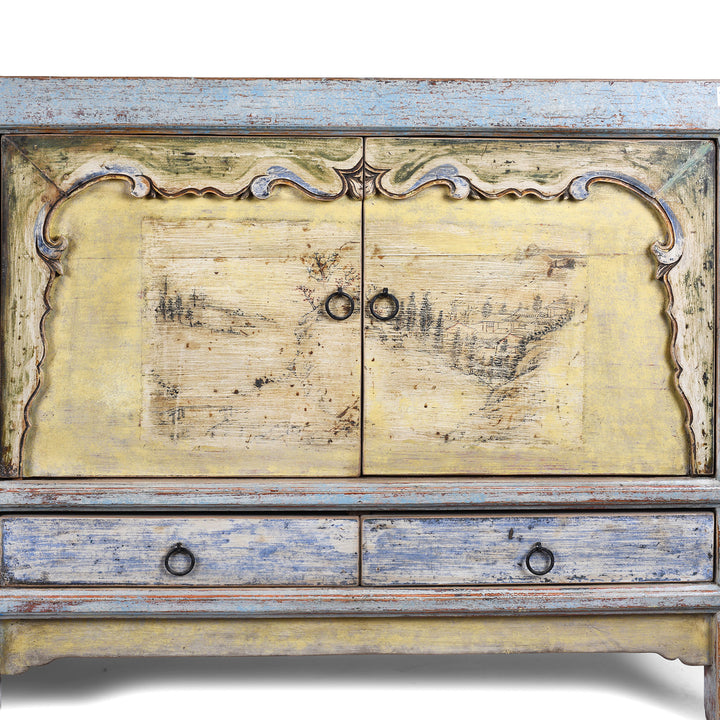 Doors Detail From Early 20th Century Painted Sideboard From Qinghai Province China With Blue Frame And Soft Yellow Landscape Doors And Drawers