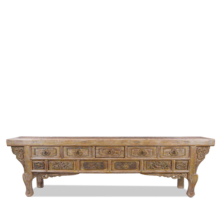 Large 19th Century Shanxi Painted Altar Cabinet With Six Doors Six Drawers Deep Carved Panels And Hoof Shaped Legs