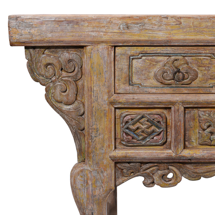 Corner Detail From Large 19th Century Shanxi Painted Altar Cabinet With Six Doors Six Drawers Deep Carved Panels And Hoof Shaped Legs