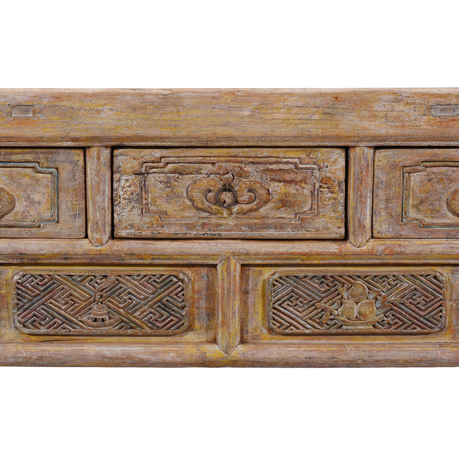 Drawers Detail From Large 19th Century Shanxi Painted Altar Cabinet With Six Doors Six Drawers Deep Carved Panels And Hoof Shaped Legs