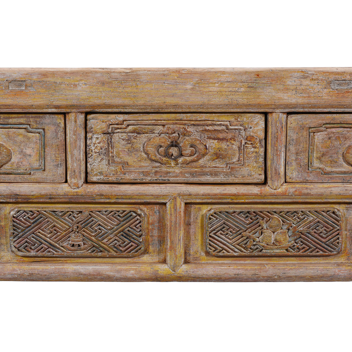 Drawers Detail From Large 19th Century Shanxi Painted Altar Cabinet With Six Doors Six Drawers Deep Carved Panels And Hoof Shaped Legs