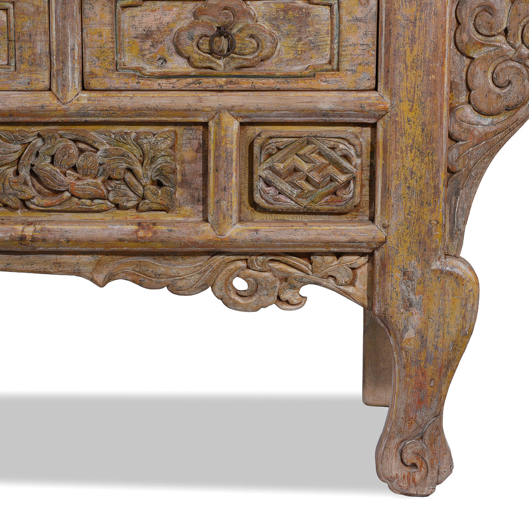 Leg Detail From Large 19th Century Shanxi Painted Altar Cabinet With Six Doors Six Drawers Deep Carved Panels And Hoof Shaped Legs