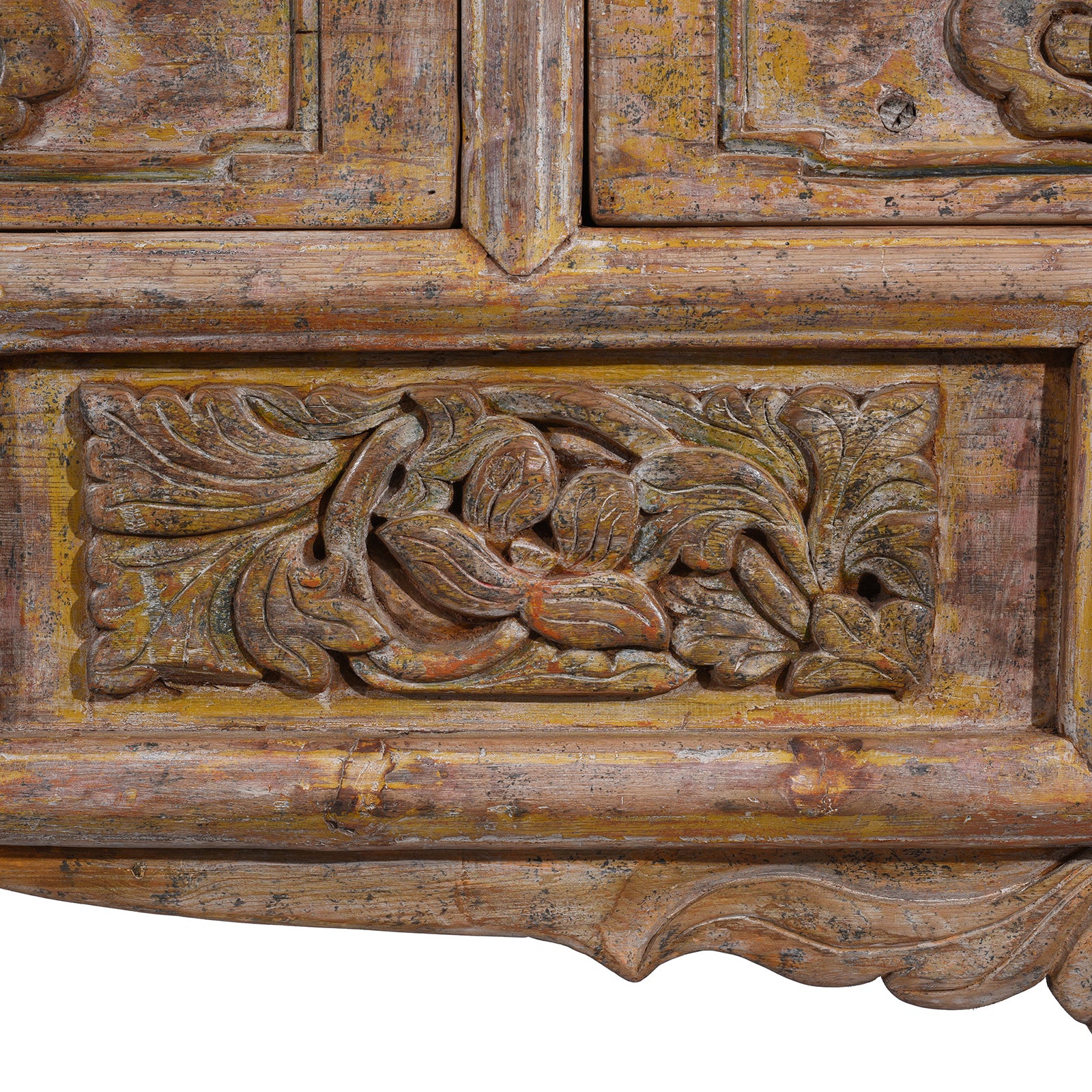 Carving Detail From Large 19th Century Shanxi Painted Altar Cabinet With Six Doors Six Drawers Deep Carved Panels And Hoof Shaped Legs