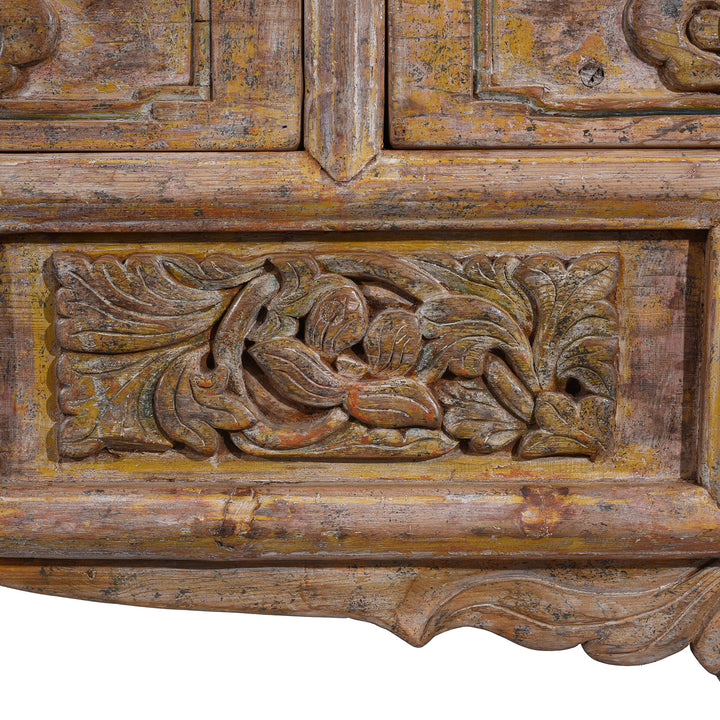 Carving Detail From Large 19th Century Shanxi Painted Altar Cabinet With Six Doors Six Drawers Deep Carved Panels And Hoof Shaped Legs