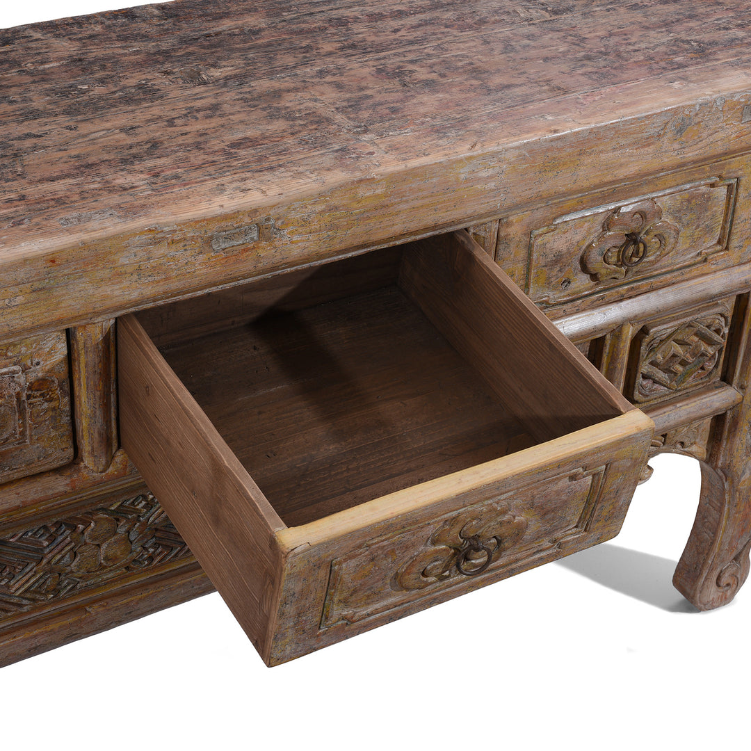 Drawer Detail From Large 19th Century Shanxi Painted Altar Cabinet With Six Doors Six Drawers Deep Carved Panels And Hoof Shaped Legs