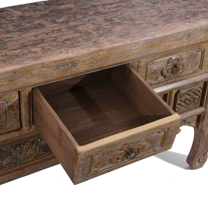 Drawer Detail From Large 19th Century Shanxi Painted Altar Cabinet With Six Doors Six Drawers Deep Carved Panels And Hoof Shaped Legs