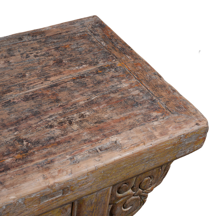 Top Surface Detail From Large 19th Century Shanxi Painted Altar Cabinet With Six Doors Six Drawers Deep Carved Panels And Hoof Shaped Legs