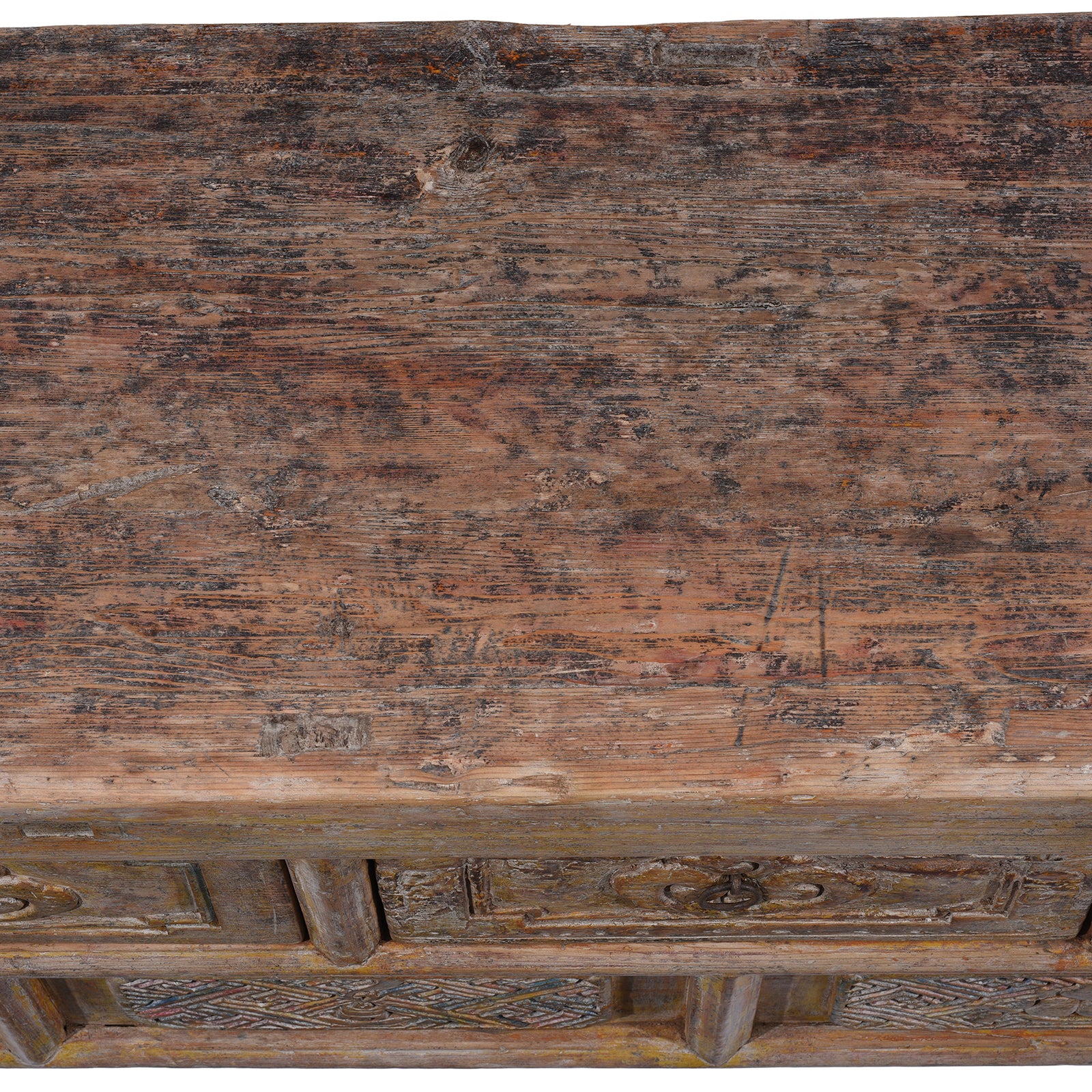 Top Surface Detail From Large 19th Century Shanxi Painted Altar Cabinet With Six Doors Six Drawers Deep Carved Panels And Hoof Shaped Legs