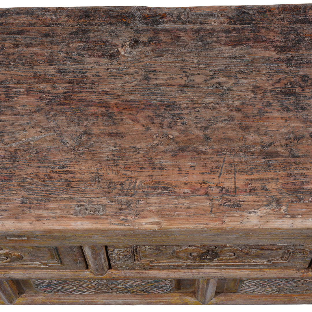 Top Surface Detail From Large 19th Century Shanxi Painted Altar Cabinet With Six Doors Six Drawers Deep Carved Panels And Hoof Shaped Legs