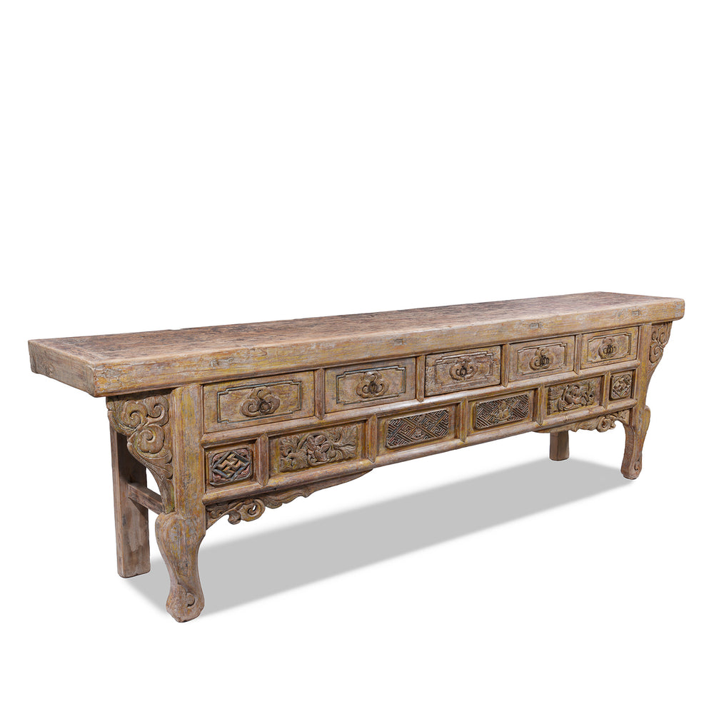 Angled VIew Of Large 19th Century Shanxi Painted Altar Cabinet With Six Doors Six Drawers Deep Carved Panels And Hoof Shaped Legs