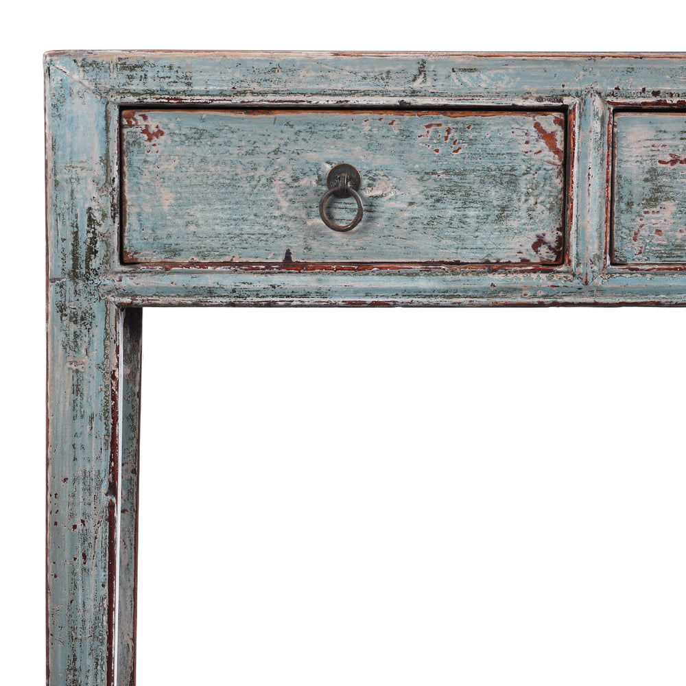 Corner Detail From Turquoise Lacquer Console Table Top View Showing Distressed Painted Surface | Indigo Antiques