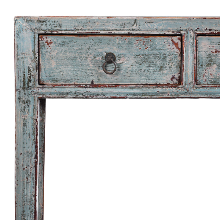 Corner Detail From Turquoise Lacquer Console Table Top View Showing Distressed Painted Surface | Indigo Antiques