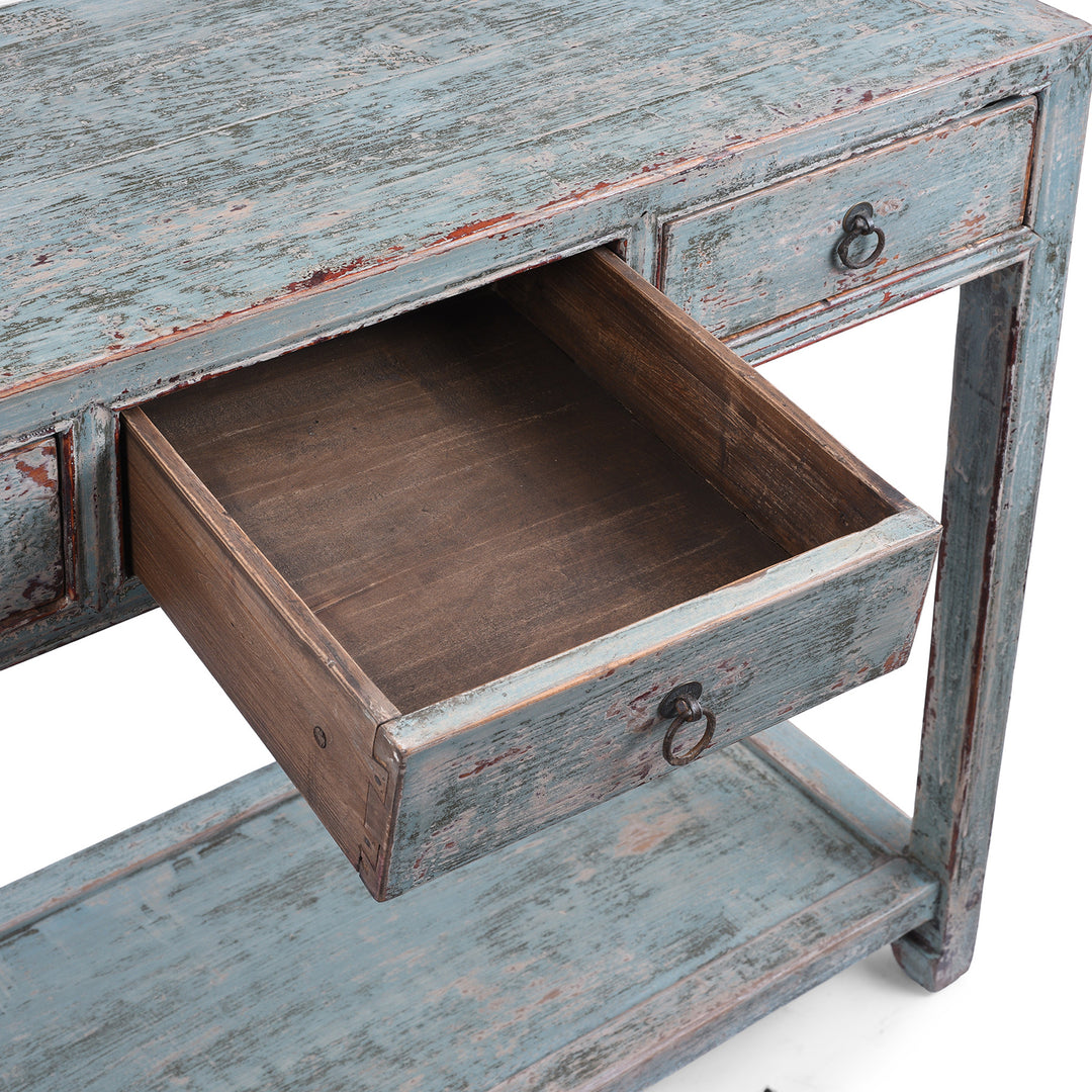 Drawer Detail From Turquoise Lacquer Console Table Top View Showing Distressed Painted Surface | Indigo Antiques