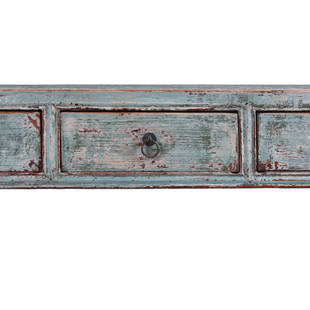 Drawer Detail From Turquoise Lacquer Console Table Top View Showing Distressed Painted Surface | Indigo Antiques