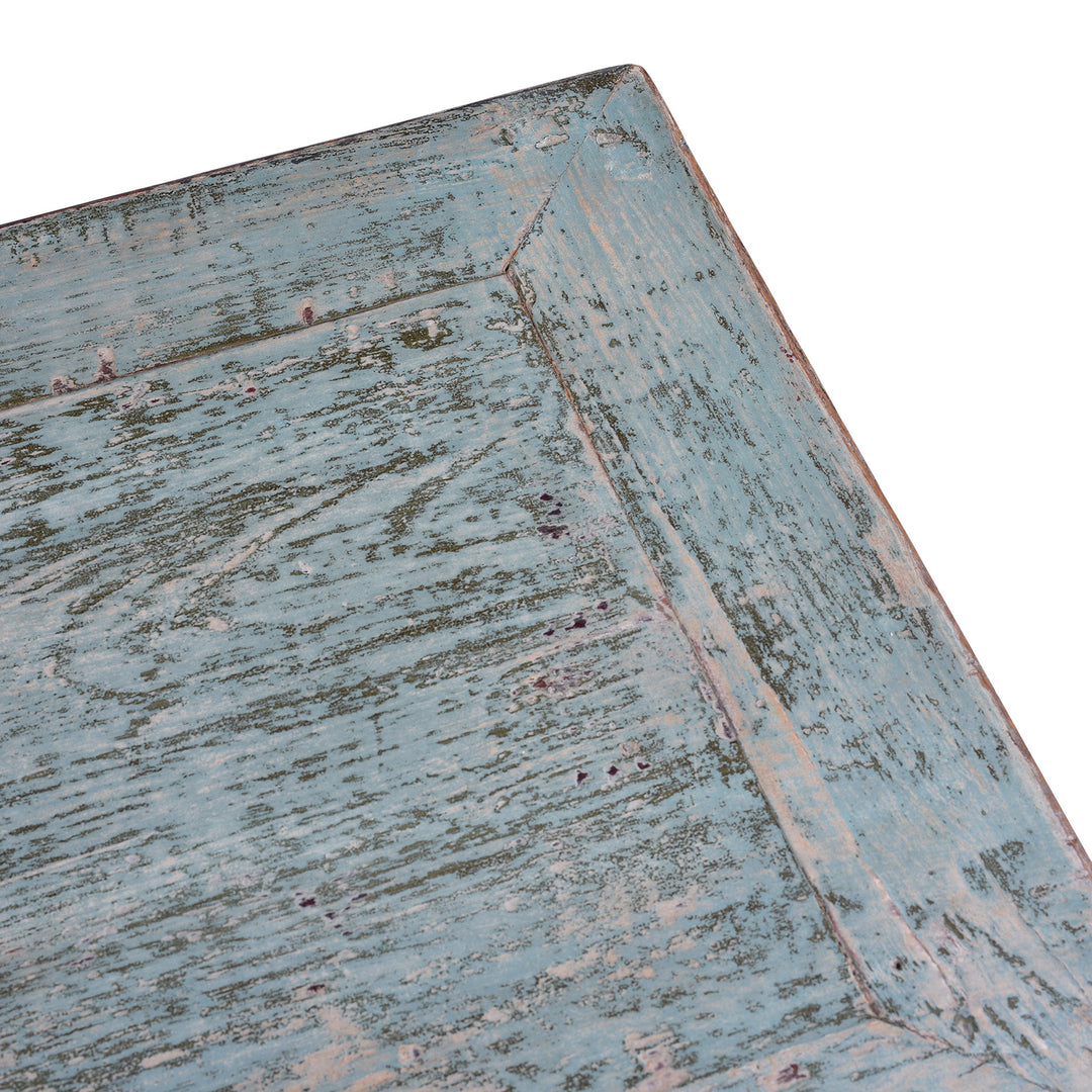 Corner Detail From Turquoise Lacquer Console Table Top View Showing Distressed Painted Surface | Indigo Antiques