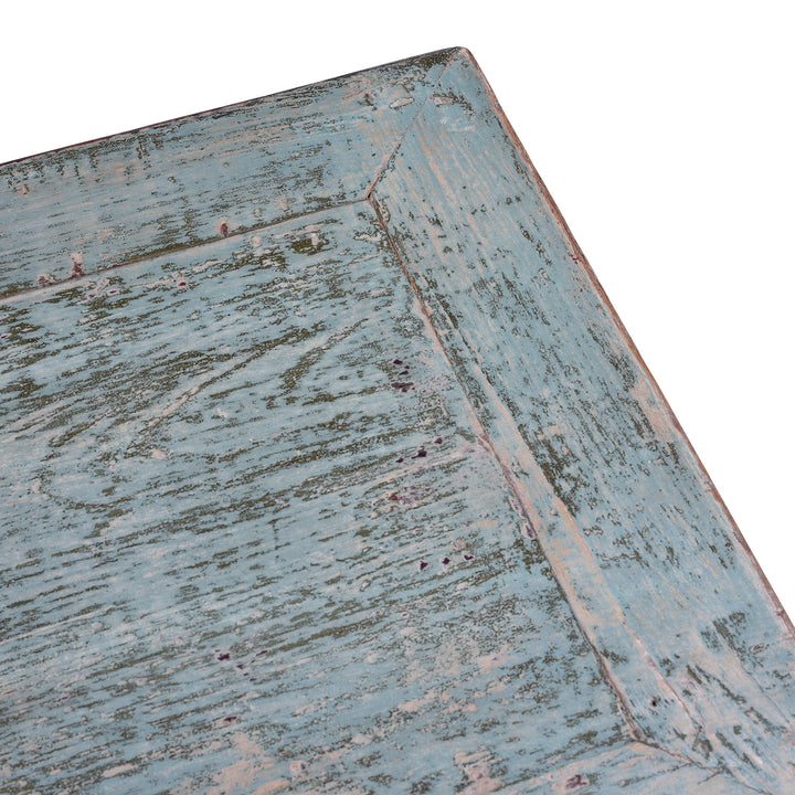 Corner Detail From Turquoise Lacquer Console Table Top View Showing Distressed Painted Surface | Indigo Antiques