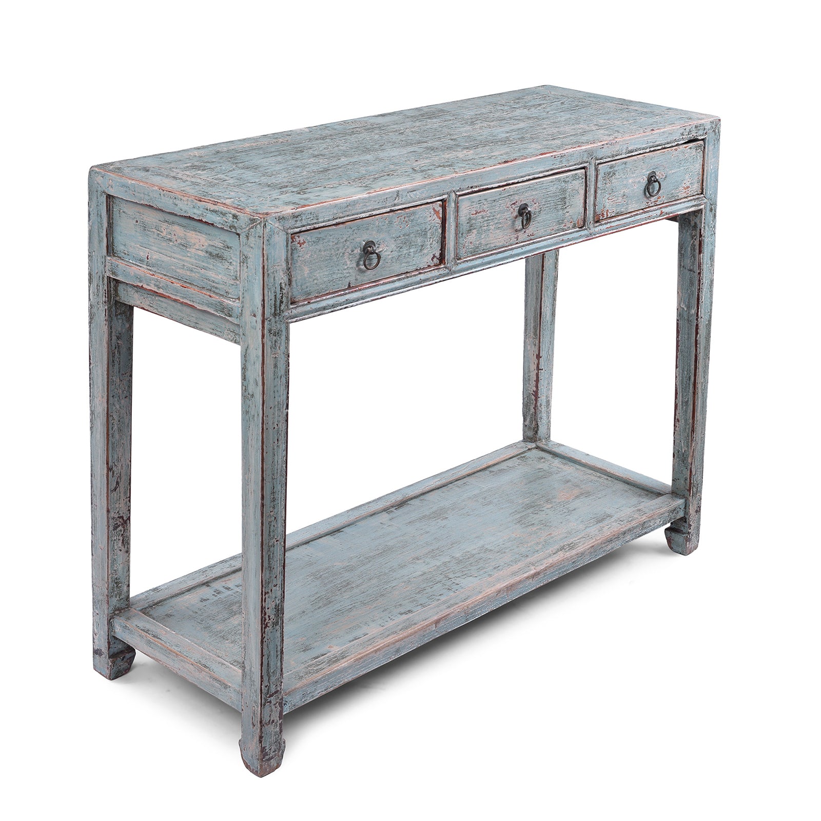Angled VIew Of Turquoise Lacquer Console Table Top View Showing Distressed Painted Surface | Indigo Antiques