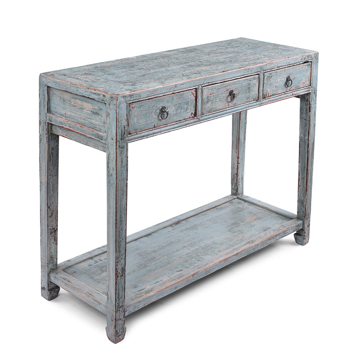 Angled VIew Of Turquoise Lacquer Console Table Top View Showing Distressed Painted Surface | Indigo Antiques
