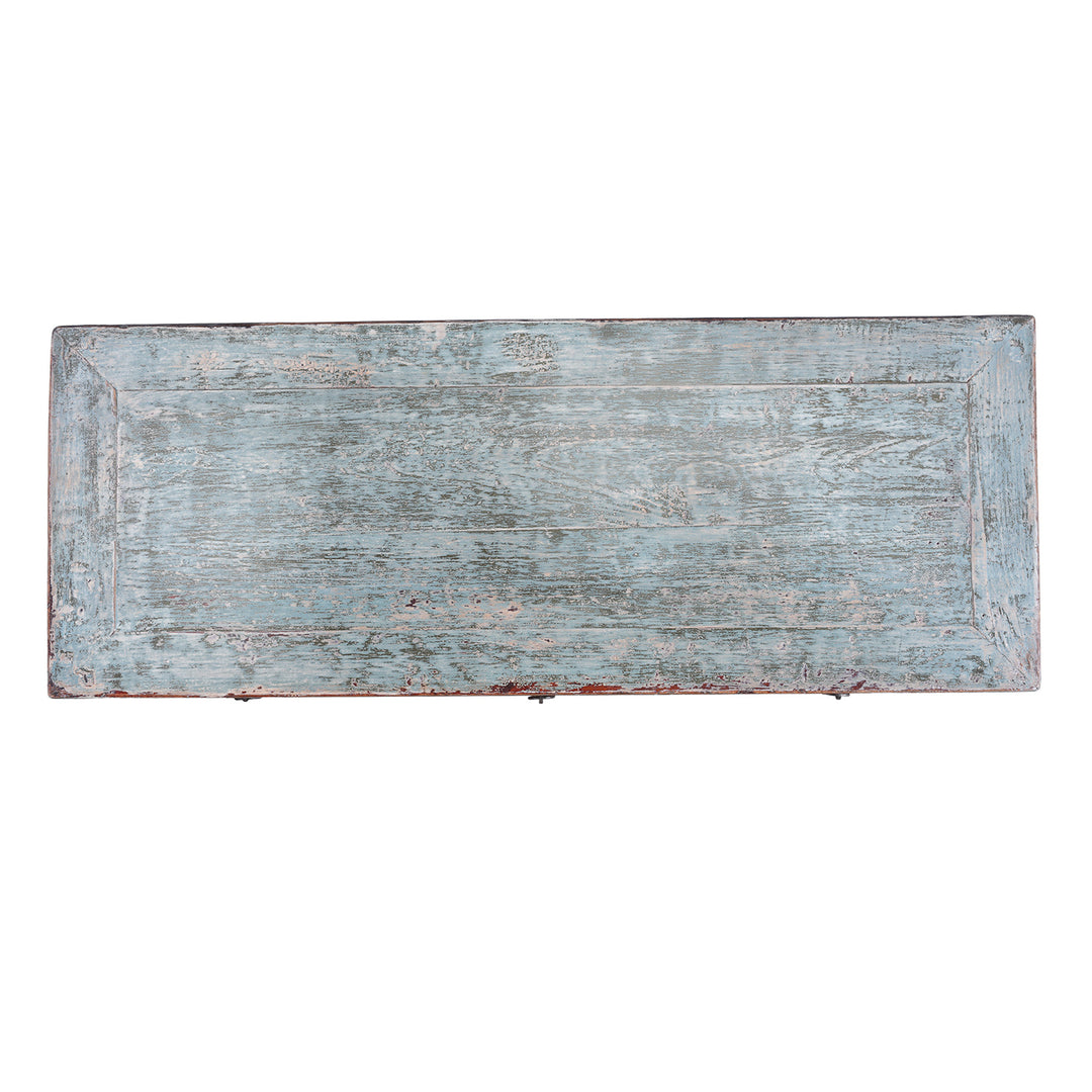 Top Down View Of Turquoise Lacquer Console Table Top View Showing Distressed Painted Surface | Indigo Antiques