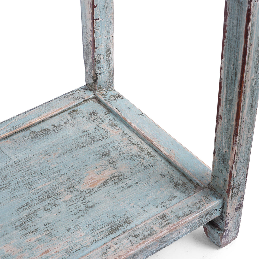 Shelf Detail From Turquoise Lacquer Console Table Top View Showing Distressed Painted Surface | Indigo Antiques