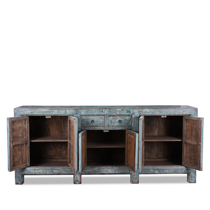 Open Doors View Of Blue Painted Mongolian Sideboard Made From Reclaimed Elm Poplar And Pine With Distressed Finish And Cupboard Storage