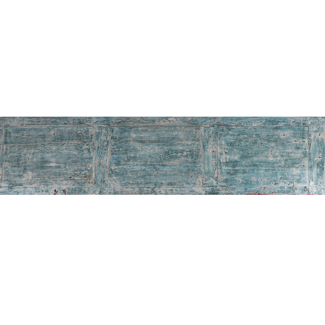 Top Down View Of Blue Painted Mongolian Sideboard Made From Reclaimed Elm Poplar And Pine With Distressed Finish And Cupboard Storage